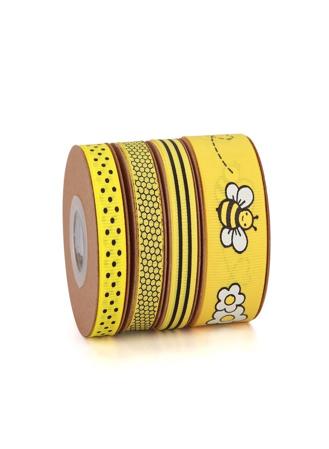 Meseey Bee & Flower Grosgrain Ribbon Yellow Black White for Gift Wrapping,Party Decoration,Hair Bows,All Crafting and Sewing (4 Rolls bee Set) - Image 1
